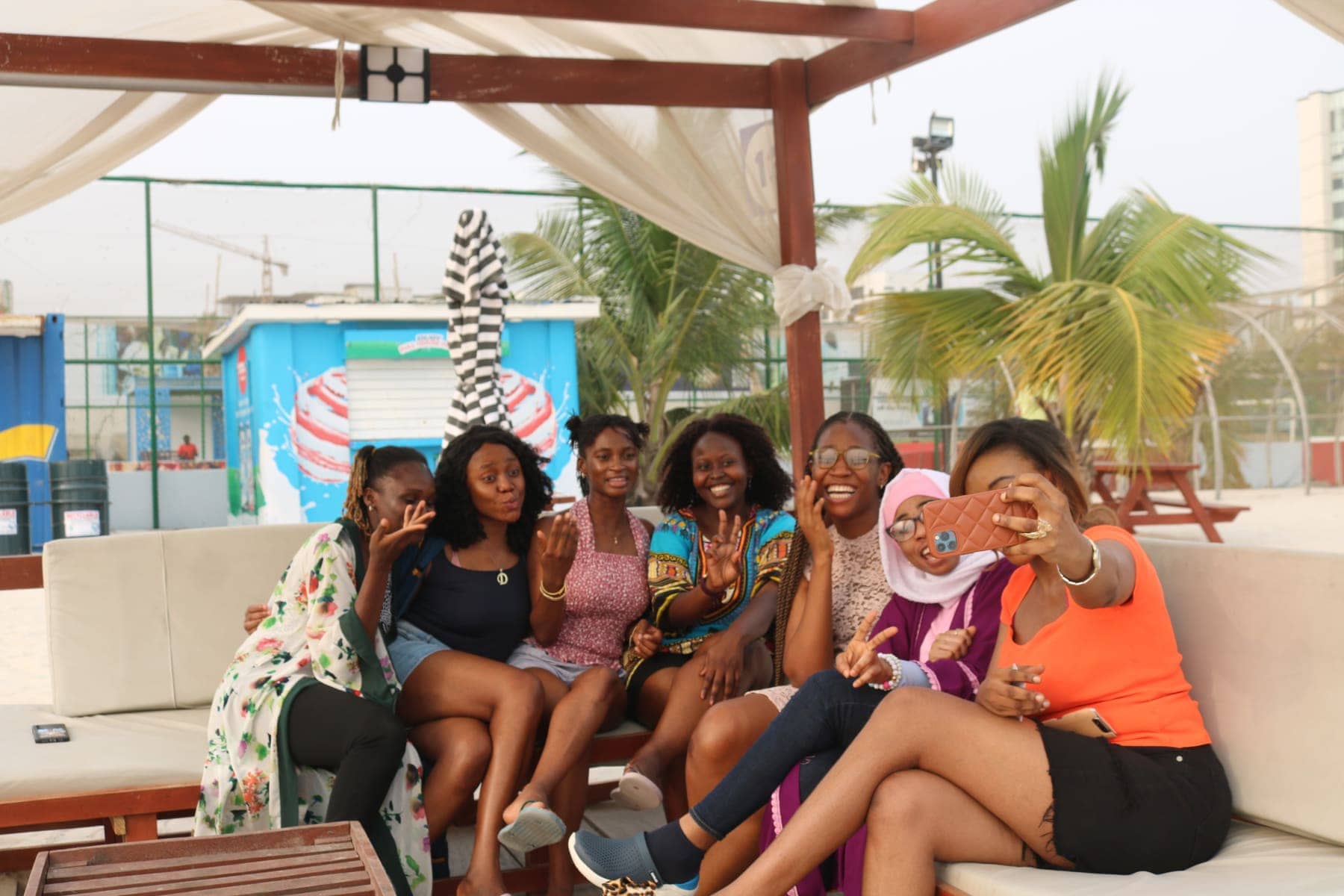 Students sitting together on the campus terrace